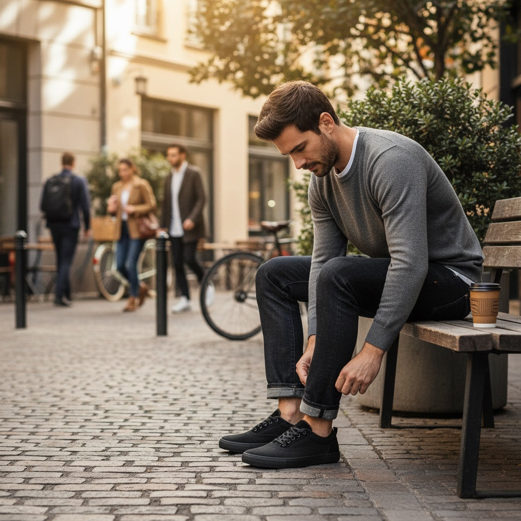 Male model in barefoot shoes sitting on a bench