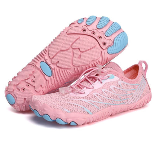 pink water shoes with a breathable knit upper, light blue accents on the sole, and light blue laces