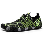 Black and green athletic shoes