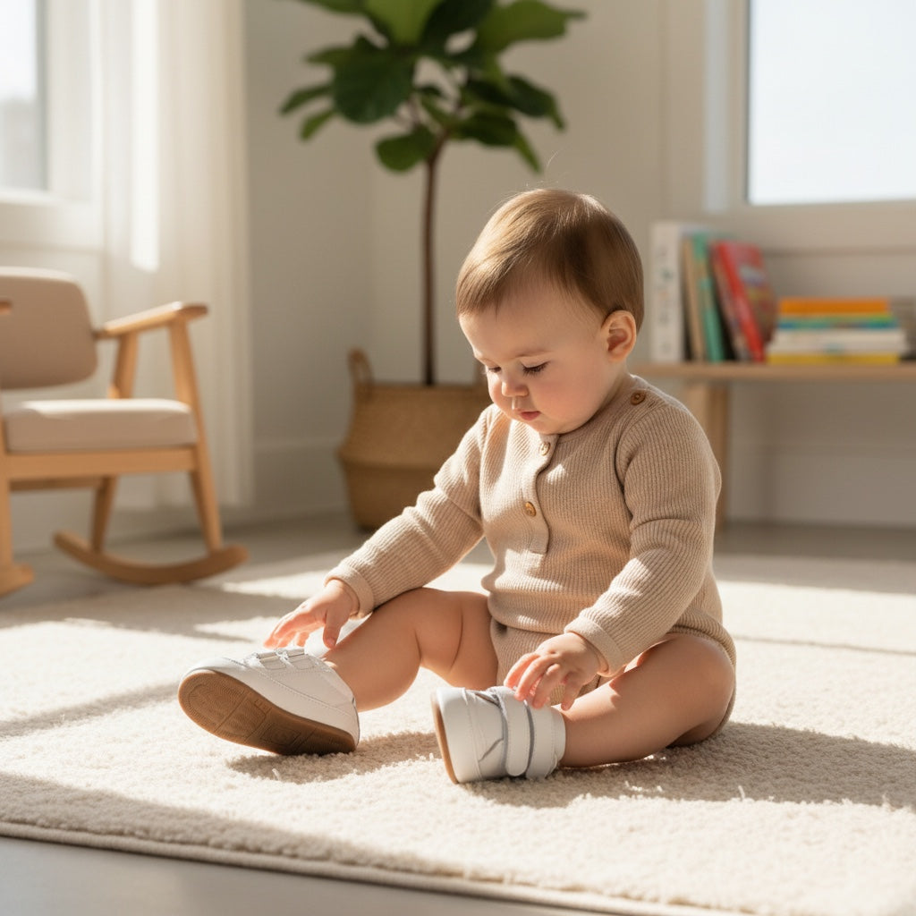 Baby sitting indoors while putting on or wearing white adjustable baby shoes