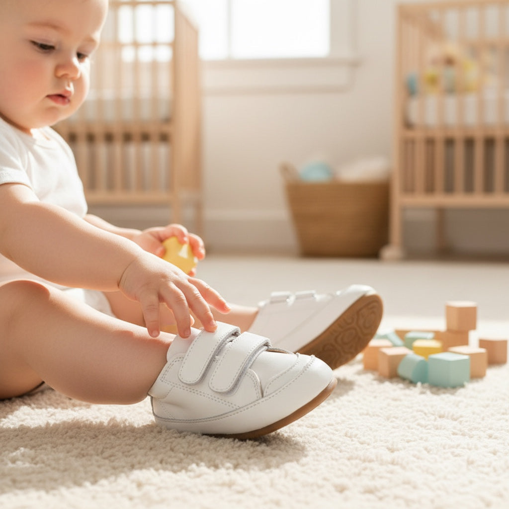 Baby wearing white first walker shoes while sitting and playing indoors