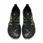 A pair of black athletic trail running shoes with lime green accents and white geometric line patterns on the upper, shown from a top down view. 