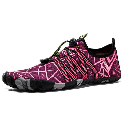 Red and black athletic shoe with unique pattern