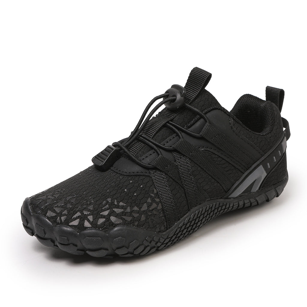 Black children barefoot shoes with laces and rubber sole with wide toe for natural movement.