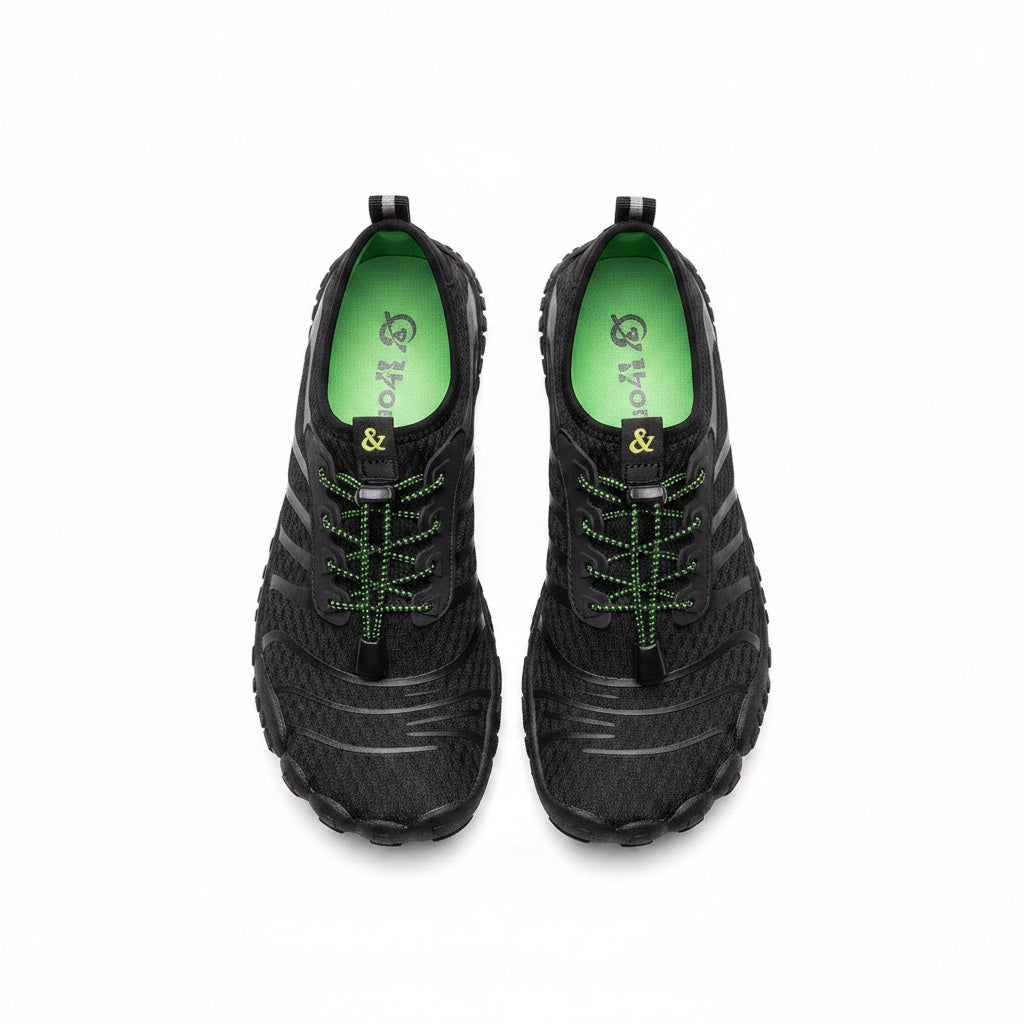 Green Barefoot shoes with green laces from a overview look