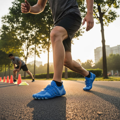 Runner in blue barefoot trainers.