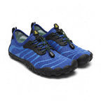 Blue Flow barefoot shoes with black sole, wide toe for maximum comfort.
