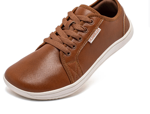 Brown leather Barefoot shoes with white sole.