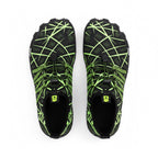 A pair of barefoot style shoes shown from above . The shoes are primarily black with a bright neon green geometric line pattern across the upper and around the openings.