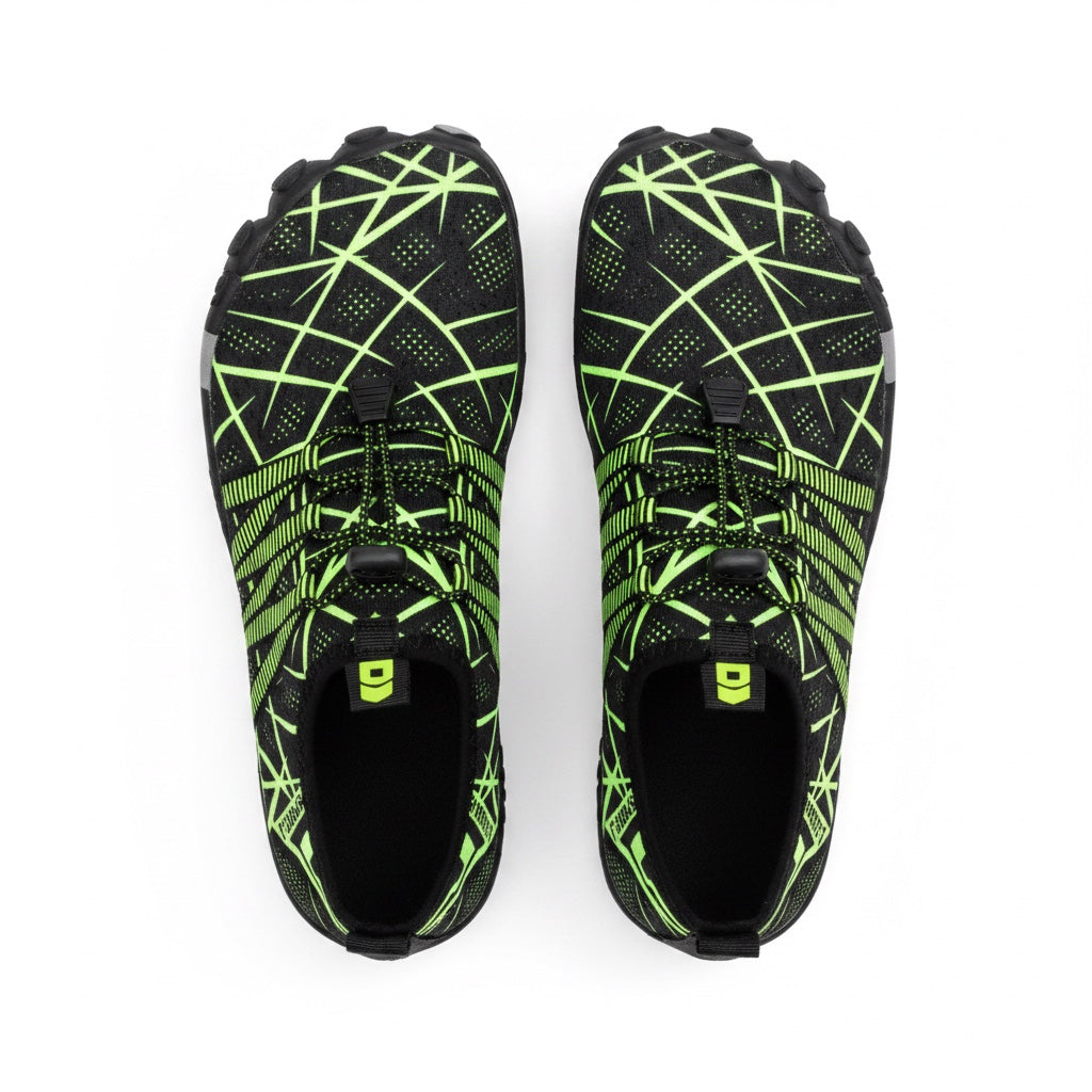 A pair of barefoot style shoes shown from above . The shoes are primarily black with a bright neon green geometric line pattern across the upper and around the openings.
