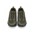 A pair of men's green athletic Barefoot shoes shown from a front facing view.