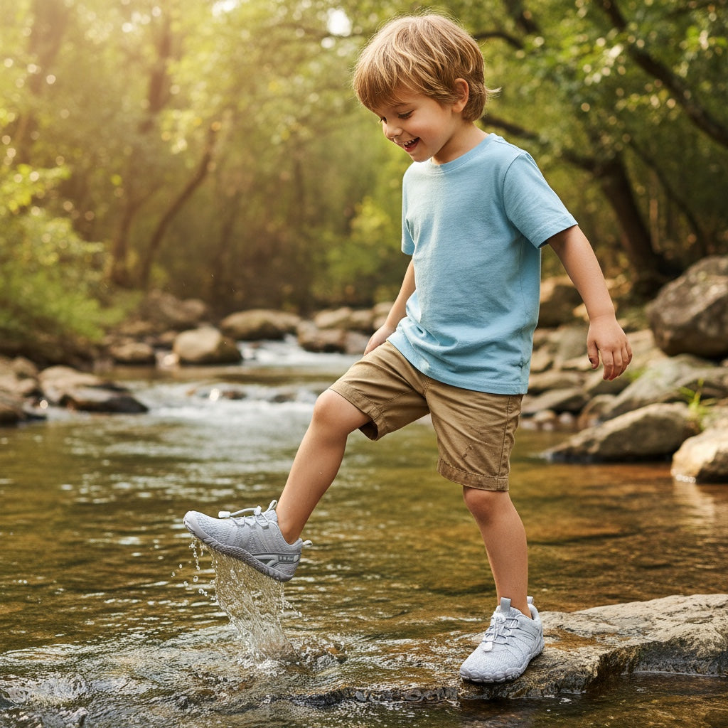 Grey children's barefoot shoes with wide toe for natural movement worn by a young model 