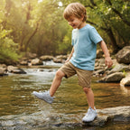 Grey children's barefoot shoes with wide toe for natural movement worn by a young model 