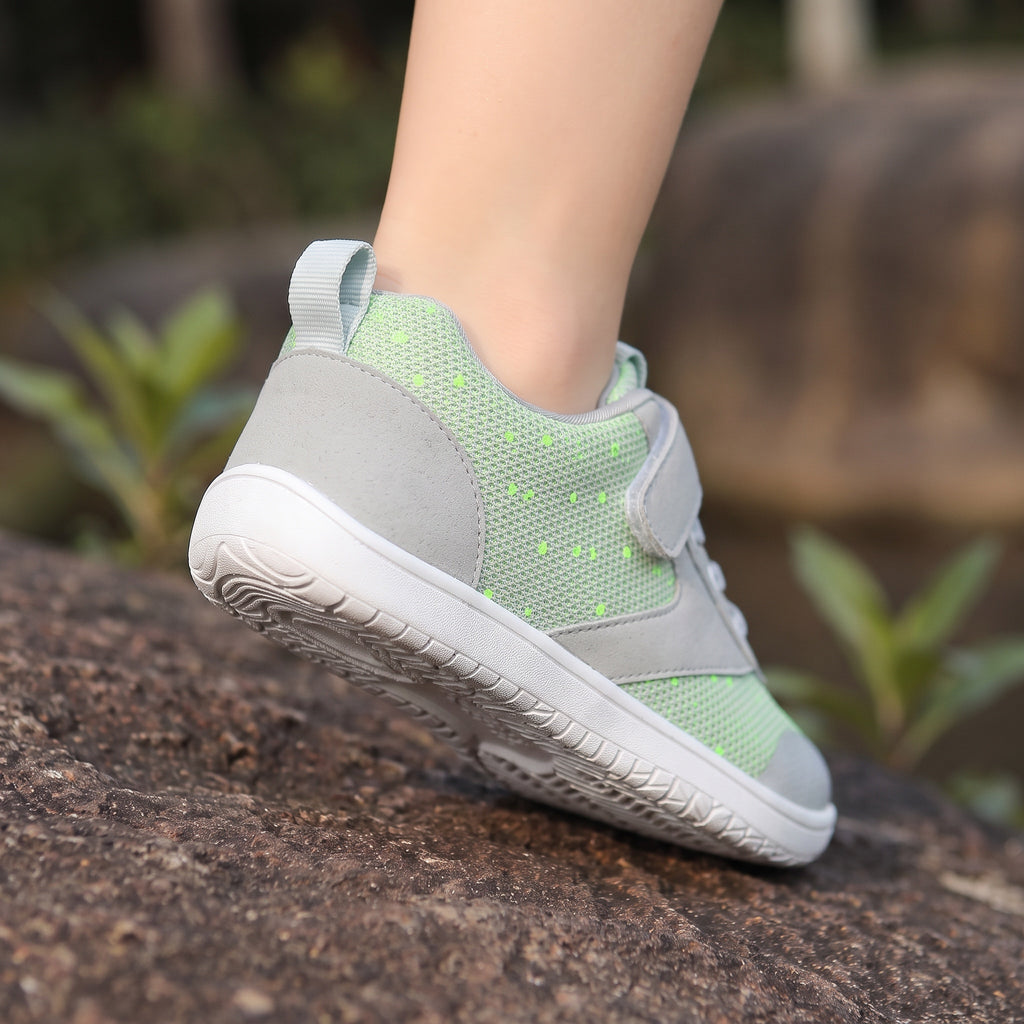 Children's grey and light green barefoot shoes with white soles