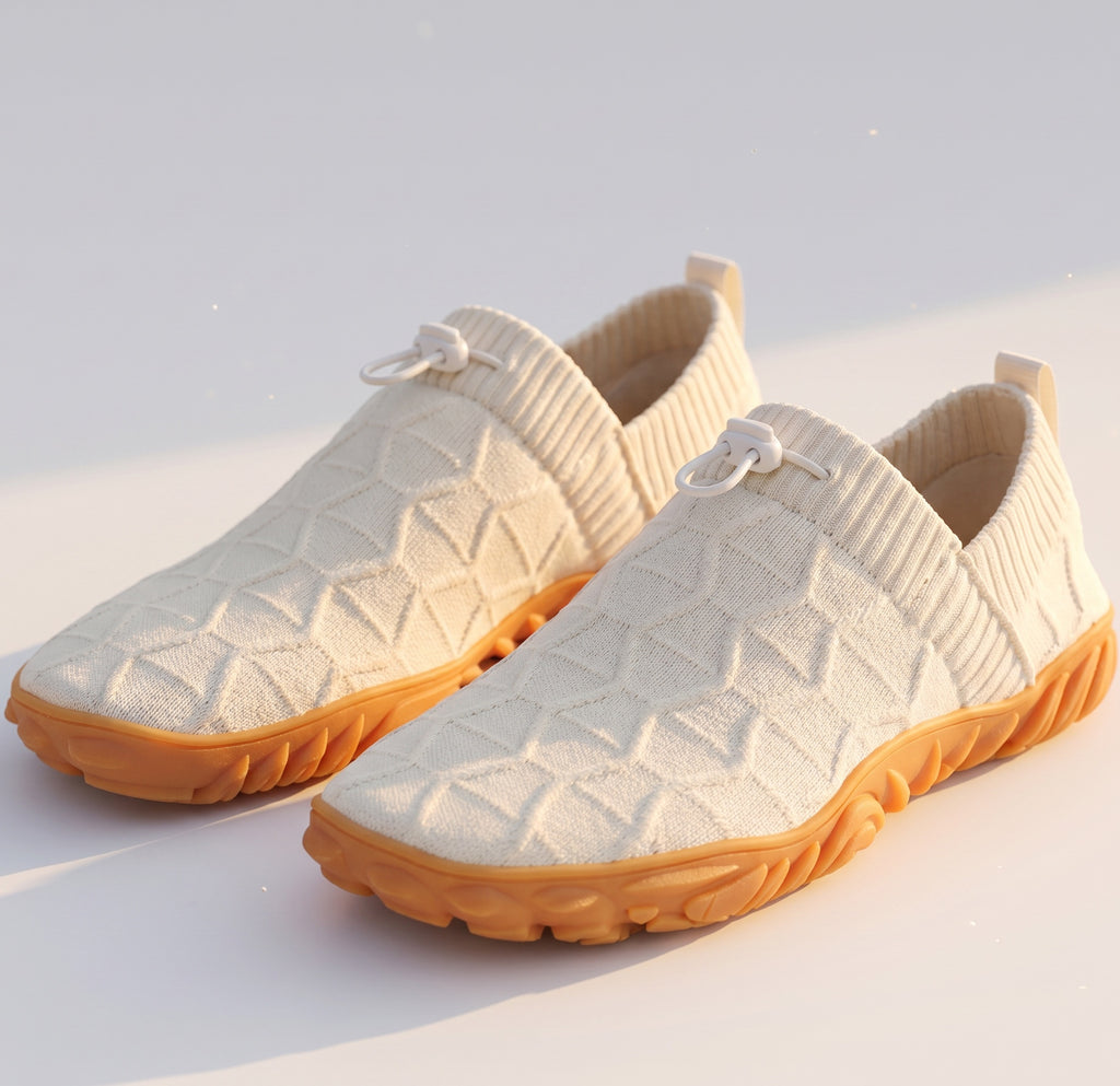 A pair of Beige Barefoot male slip on knit slip on shoes with a textured geometric pattern in off-white and a gum brown sole.