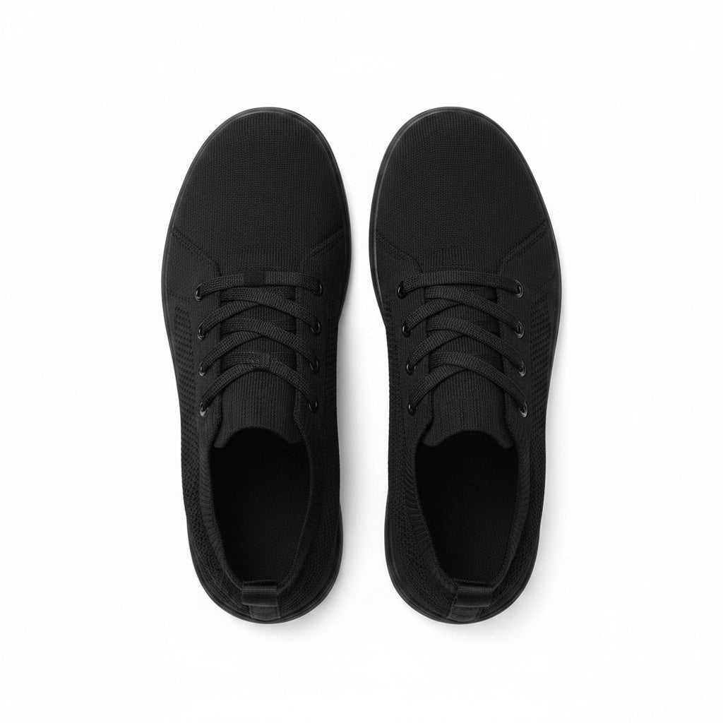 A pair of black low top lace-up sneakers shown from a top down view.