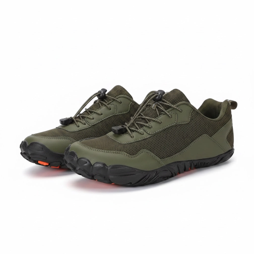 Green mens Velocity barefoot shoes with a black sole, perfect for all day activities weather its shopping or socialising these are perfect.