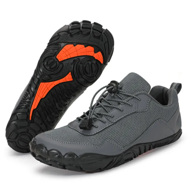 Grey Men's Barefoot shoes  with black and orange sole.