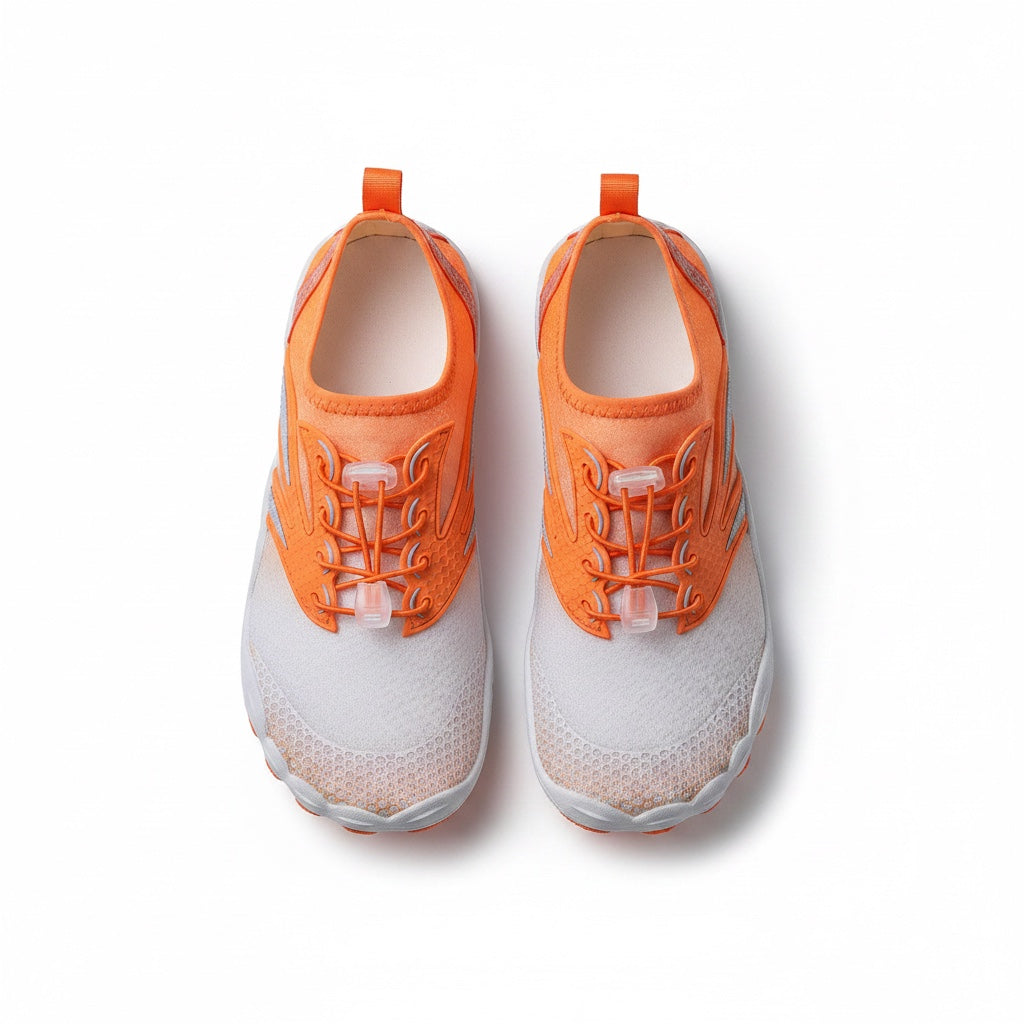A pair of Orange slip on sneakers  shown from a top-down view.