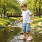 Orange barefoot children shoes with wide toe and natural movement for all activities, running hiking and all fitness.