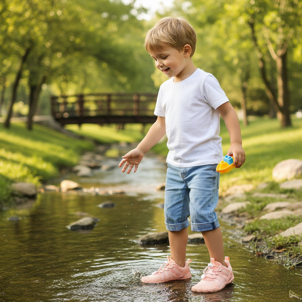 Orange barefoot children shoes with wide toe and natural movement for all activities, running hiking and all fitness.
