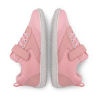 A pair of pink children's barefoot shoes shown from a top down view on a white background. The sneakers feature a mesh and suede like upper, pink laces, hook and loop strap closures, and light grey soles.