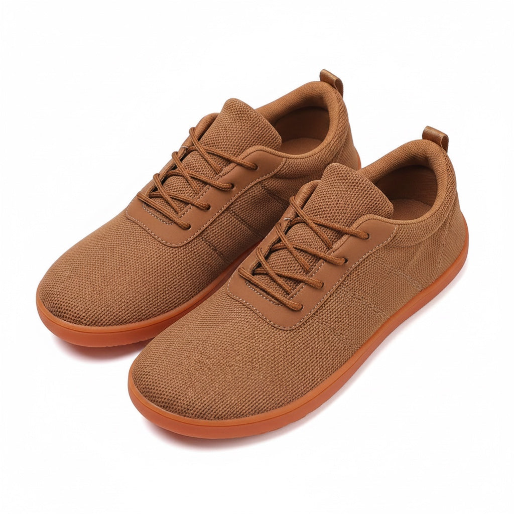 Brown Barefoot knit shoes with orange sole with brown laces