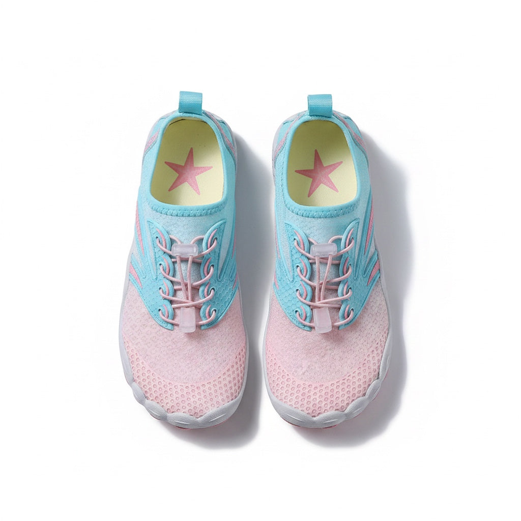 A pair of  water shoes in pastel pink and light blue, featuring a mesh upper, pink laces, and a yellow insole 
