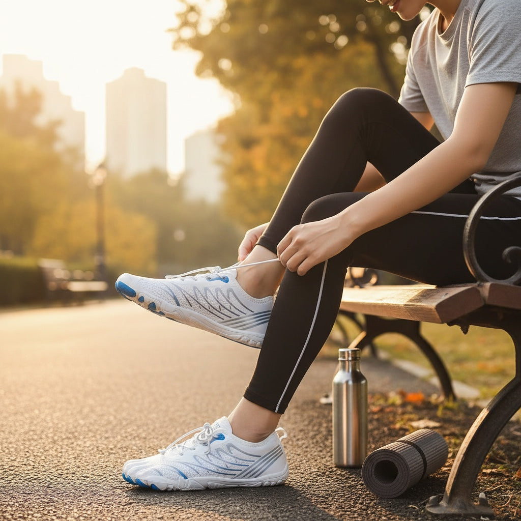 Lifestyle image showing barefoot shoes being worn outdoors, demonstrating their everyday versatility.