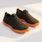 Men's Black knit Barefoot shoe. These Aura barefoot shoes with orange sole, lightweight and wide toe for natural movement.