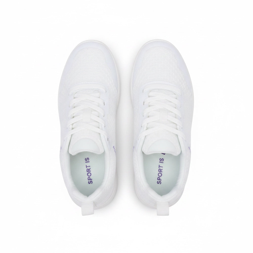 A pair of white low-top athletic sneakers shown from a top down view The shoes feature white laces, a textured mesh upper, and a light grey interior lining.