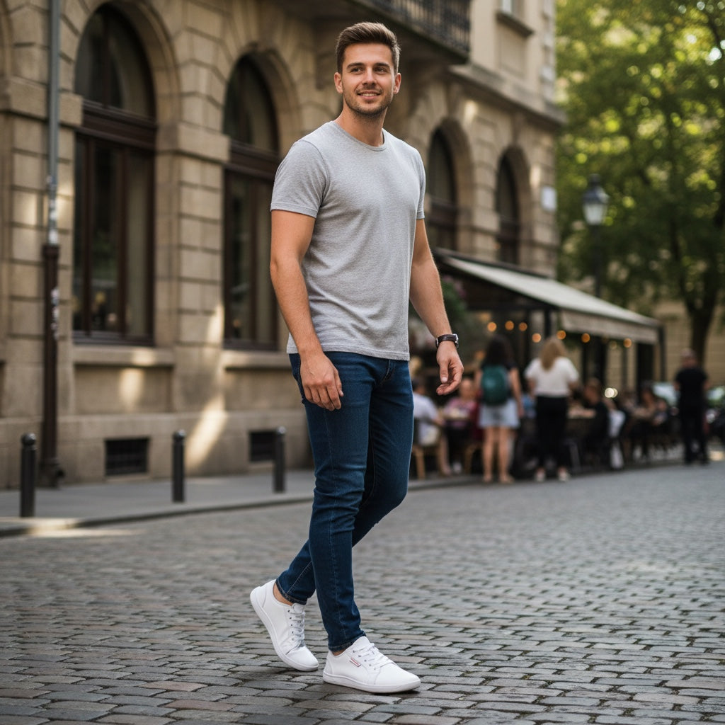 Mens white barefoot shoes shown by a make model comfort and style