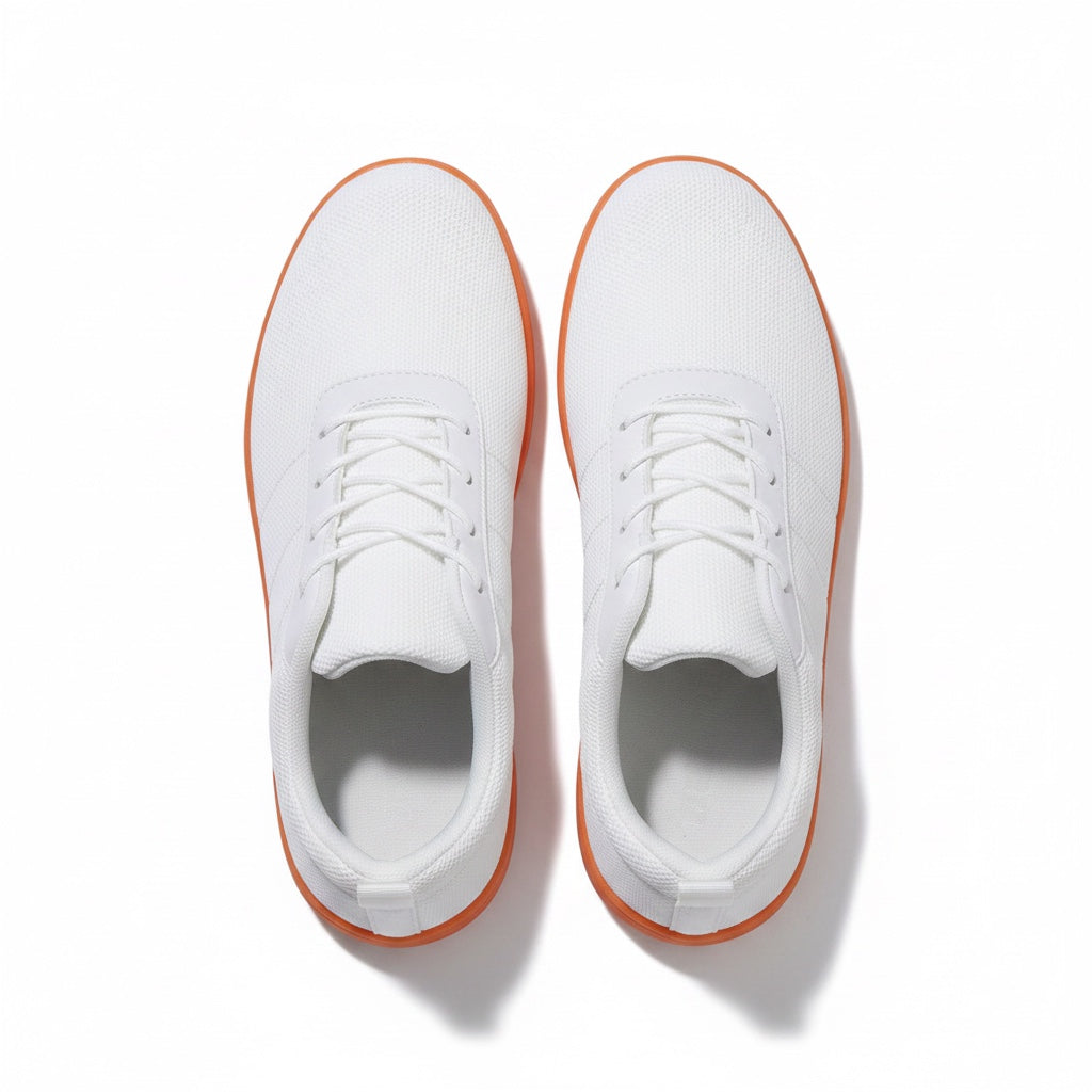 Barefoot men knit shoes from an overview look