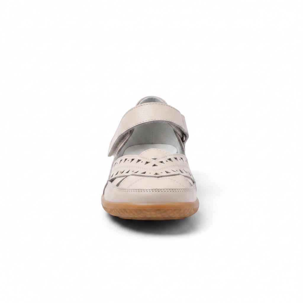 Front view of Beige comfort sandal with adjustable straps and rounded toe