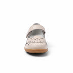Front view of Beige comfort sandal with adjustable straps and rounded toe