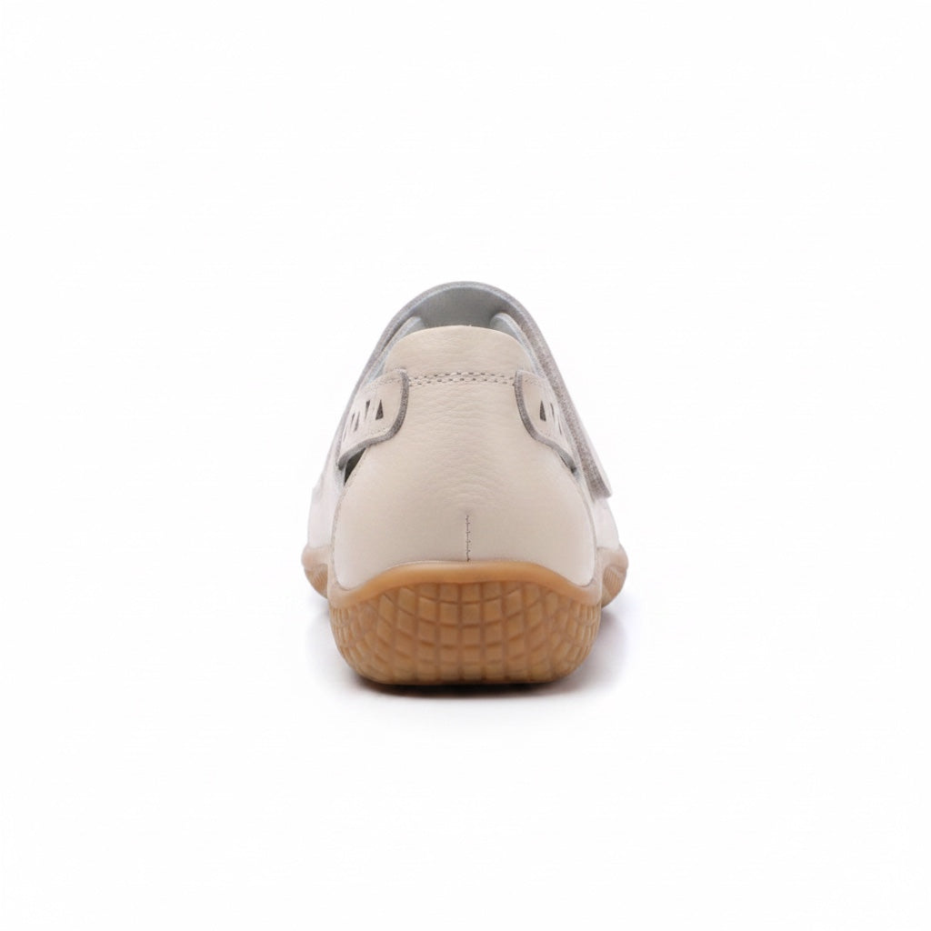 Rear view of Beige women's comfort sandal showing its heel and sole