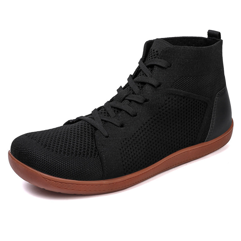 Black high-top sneaker with brown soles 