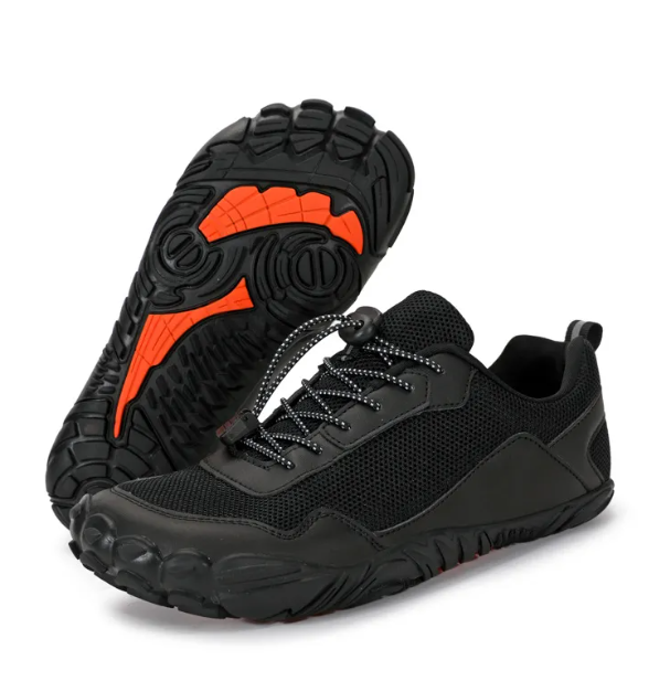 Black athletic shoes with orange accents.