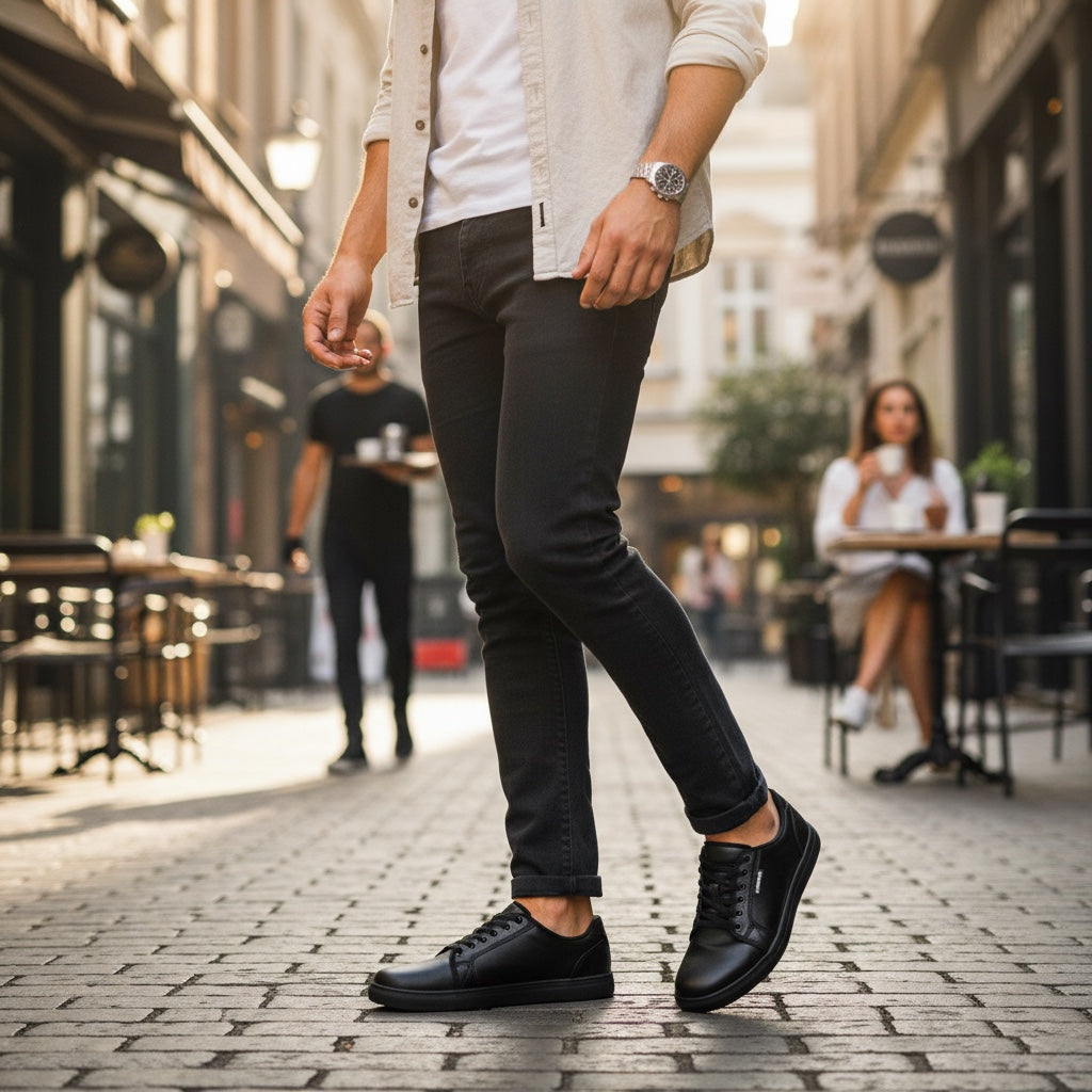 Mens black barefoot shoes with a black sole and laces shown by a model showing comfort and style