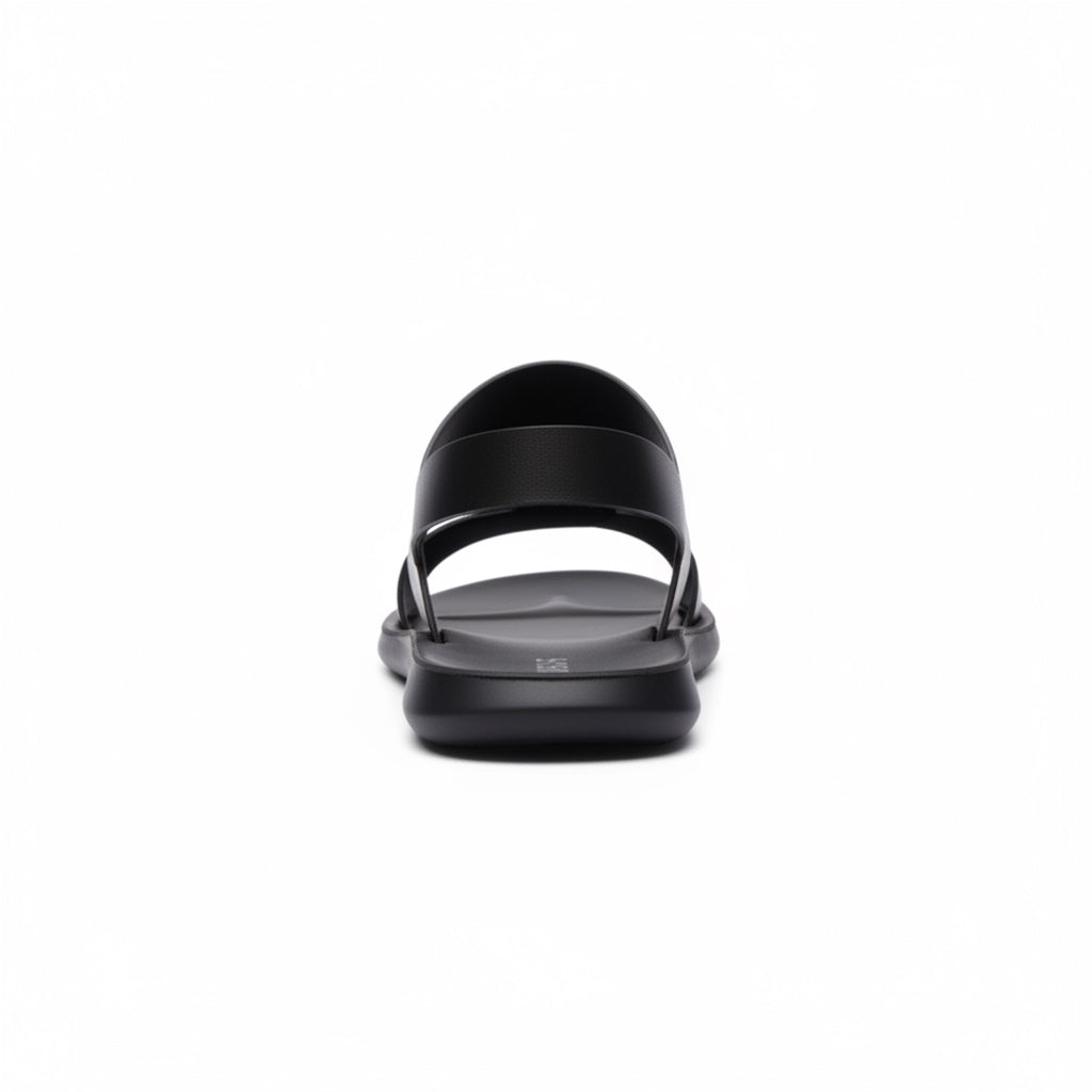 Close front view of black barefoot sandal showing adjustable straps and open toe design