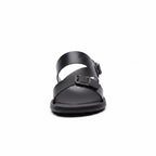 Front view of black minimalist barefoot sandals with adjustable straps