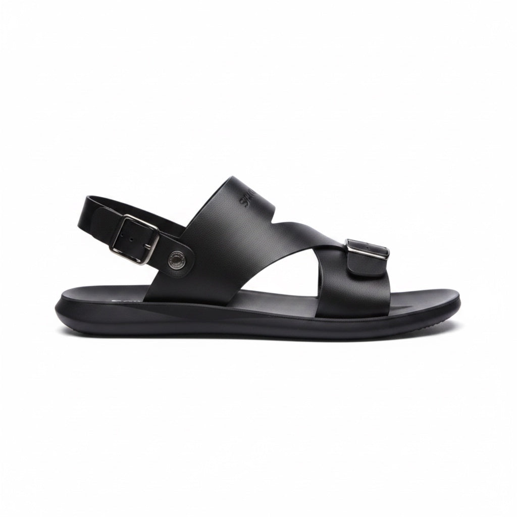 Black minimalist barefoot sandals with adjustable straps and flexible sole