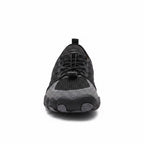 Front view of a black unisex barefoot shoe with flexible rounded toe area