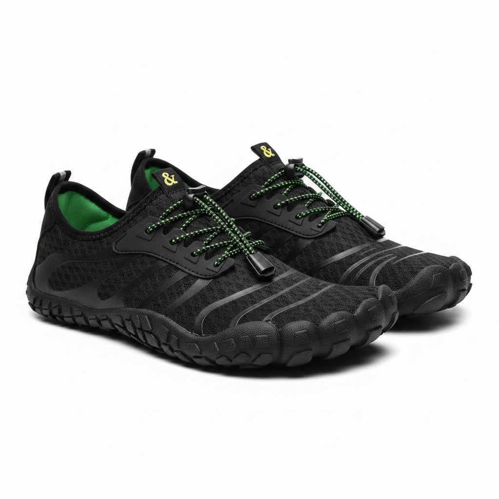 Black Unisex Barefoot shoe with green laces.