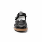 Front view of a black women's comfort sandal with adjustable straps and closed toe