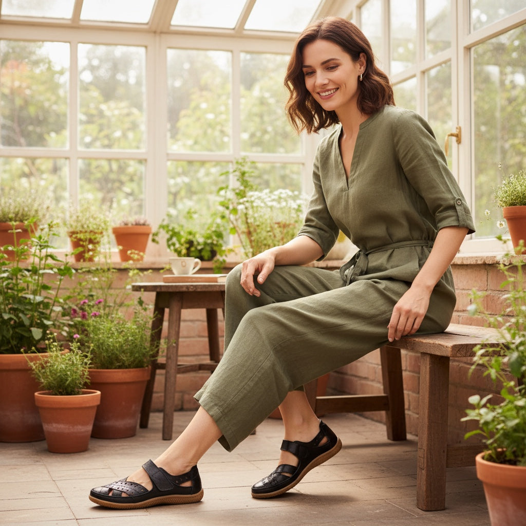 Black women's comfort sandal with adjustable strap, perforated upper, and flexible sole