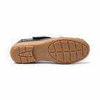 Bottom view of a black women's comfort sandal showing its textured brown rubber sole