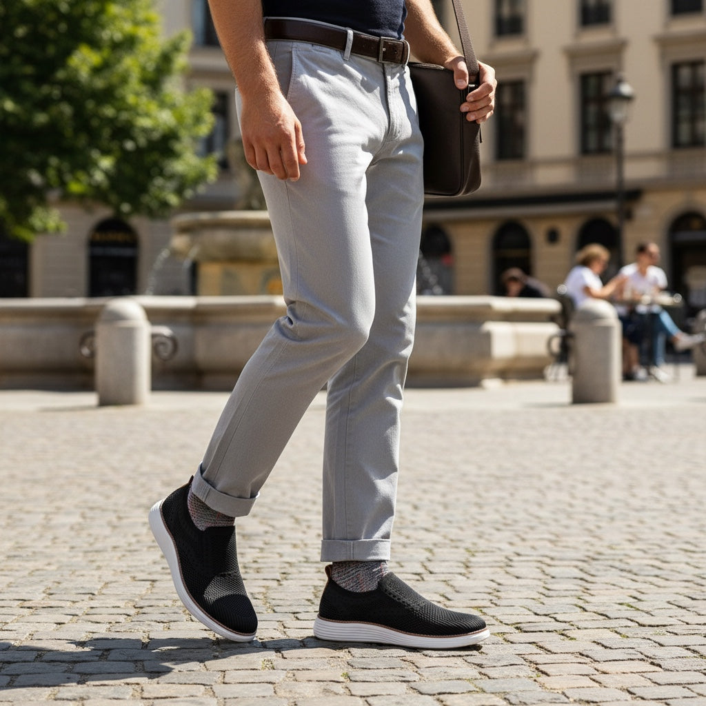Black mens loafers shoes with quality knit finish. Excellent comfort and great for foot pain relief 