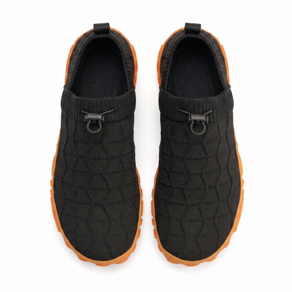 Black knit mens barefoot shoes with overview look.