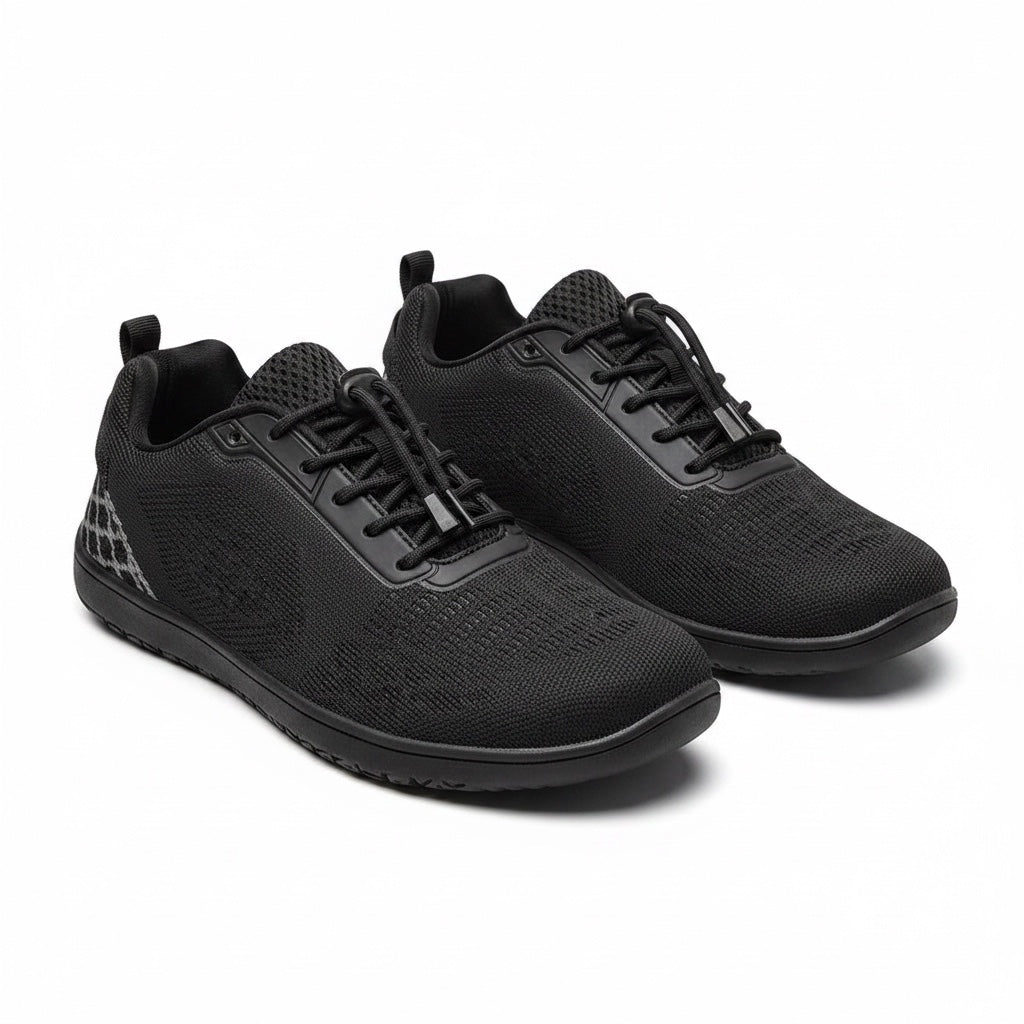 Pulse black barefoot shoe with black sole and laces built for comfort, wide toe for elegant finish.